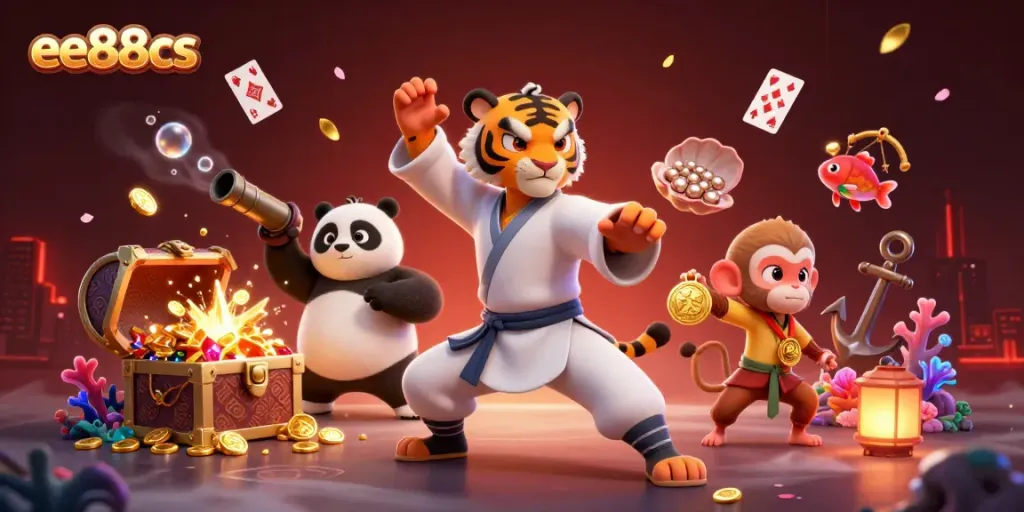 Experience thrills with ee88cs as cartoon characters celebrate jackpot wins at a vibrant underwater casino.
