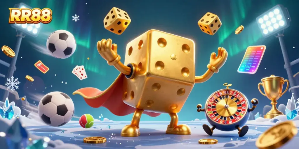 RR88 showcases an exciting scene with a golden dice golem and dynamic sports elements, highlighting thrilling online betting.