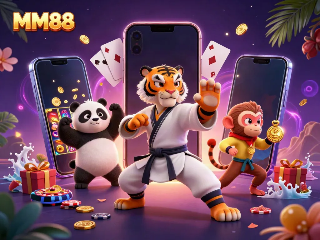 MM88 showcases thrilling slot games with a whimsical 3D scene of cartoon characters, enriching user experience.