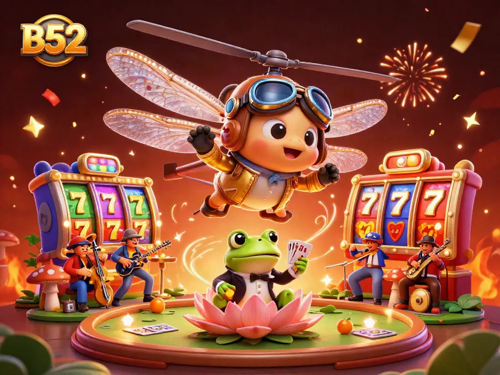 B52 casino scene with a dragonfly pilot, frog dealer, and cricket musicians celebrating wins.