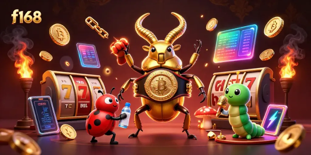 Watch the thrilling f168 showdown featuring a golden stag beetle boxing champion with a jackpot atmosphere.