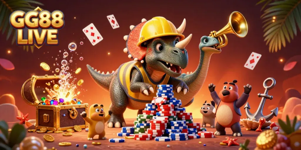 Experience thrilling gameplay at GG88 LIVE with a vibrant 3D illustration packed with casino-themed elements.