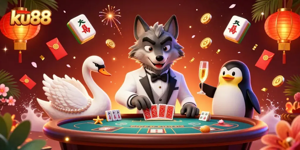Engage with the exciting games at ku88 casino featuring a stylish wolf, swan, and penguin.