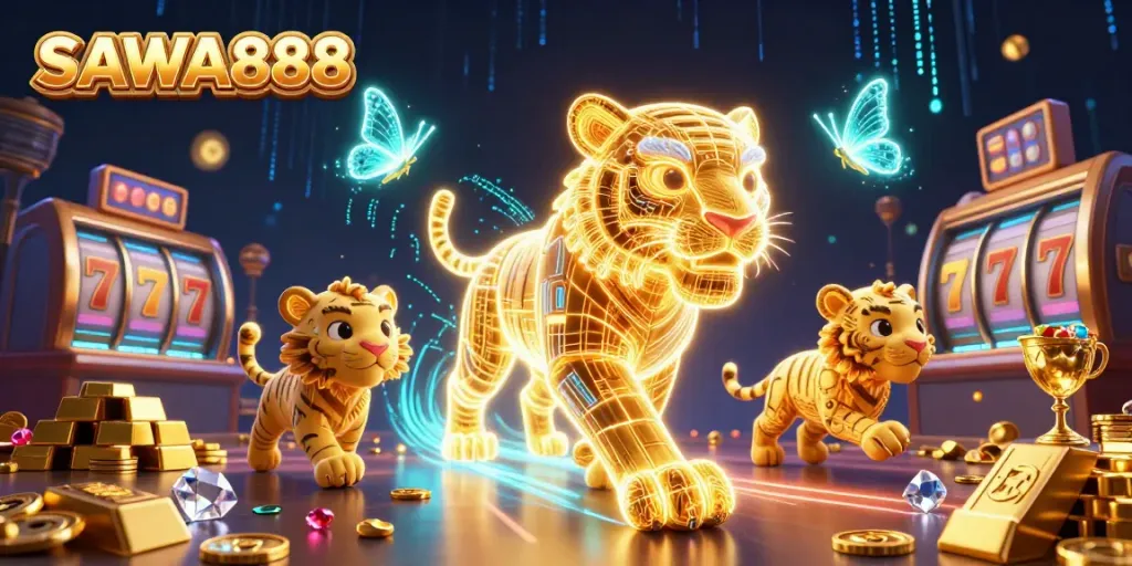 Engage with SAWA888 slots in an ultra-detailed casino illustration featuring a golden tiger and treasure elements.