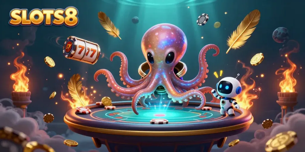 Play exciting slots at SLOTS8 while an alien octopus manages a holographic poker table, surrounded by vibrant gaming elements.