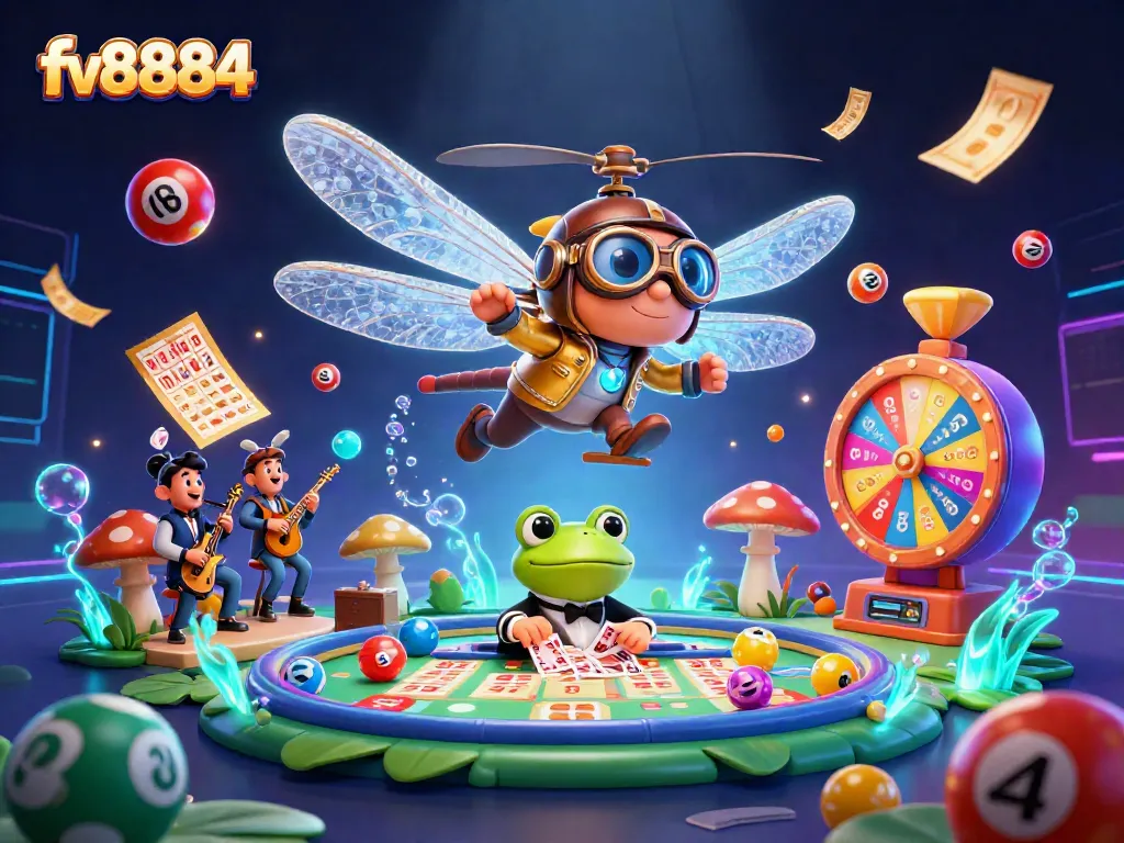 Experience vibrant gameplay with fv8884 as the dragonfly pilot directs thrilling casino action amid colorful gaming elements.