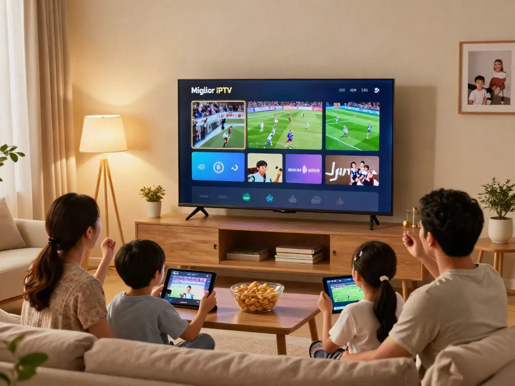 Miglior IPTV family enjoying live sports on Smart TV with engaging atmosphere.