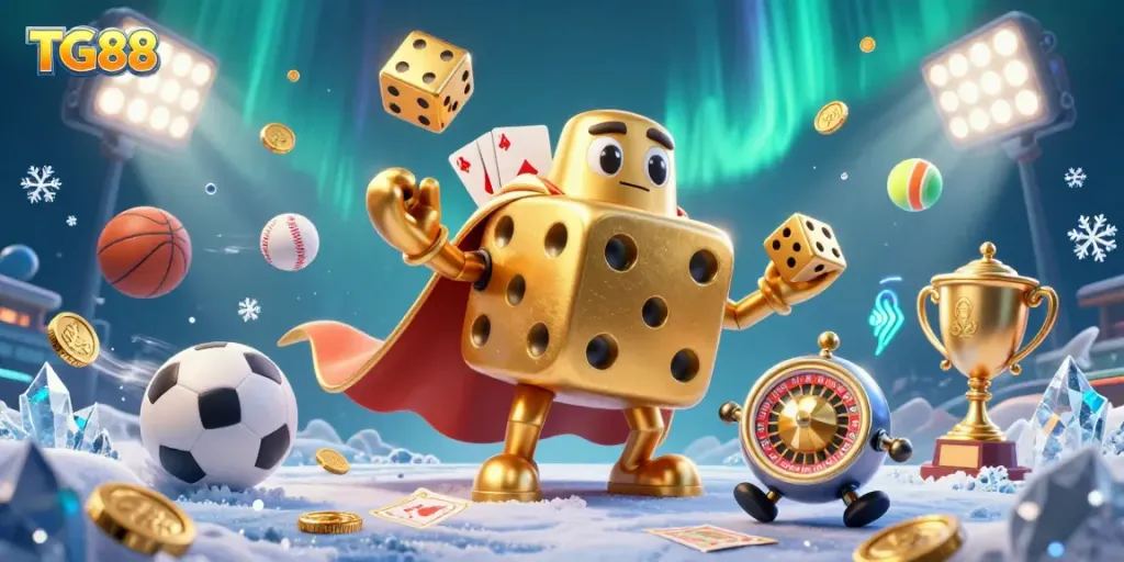Engage with TG88's dynamic casino world featuring golden dice and sports elements.
