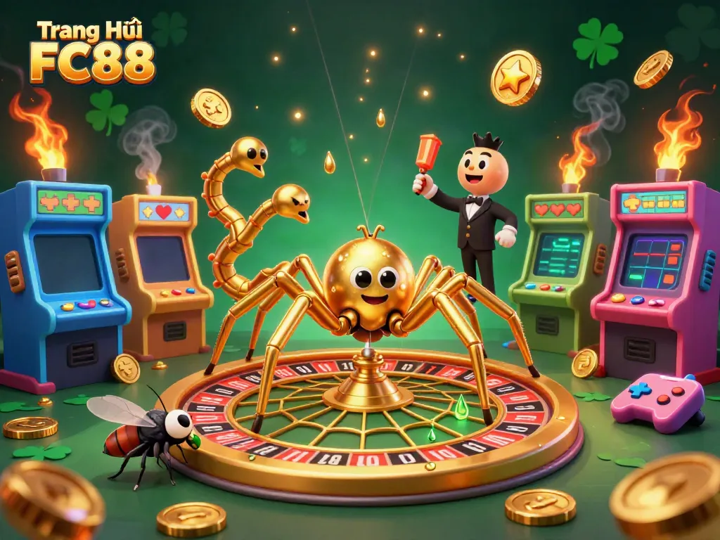 Engage with the exciting world of Trang Chủ FC88 as the cartoon spider spins a roulette web filled with dazzling casino elements.