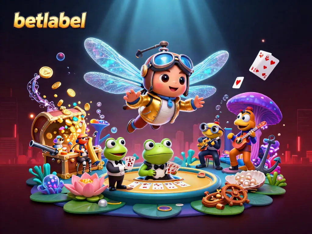 Experience the vibrant BetLabel casino world with a dragonfly pilot and frog dealer, showcasing unique gaming elements.