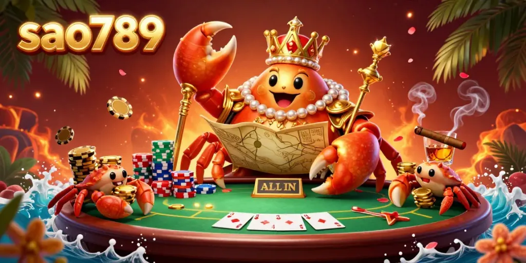 Sao789 showcases exciting casino action with a golden crab emperor amidst vibrant poker elements and rich tropical scenery.