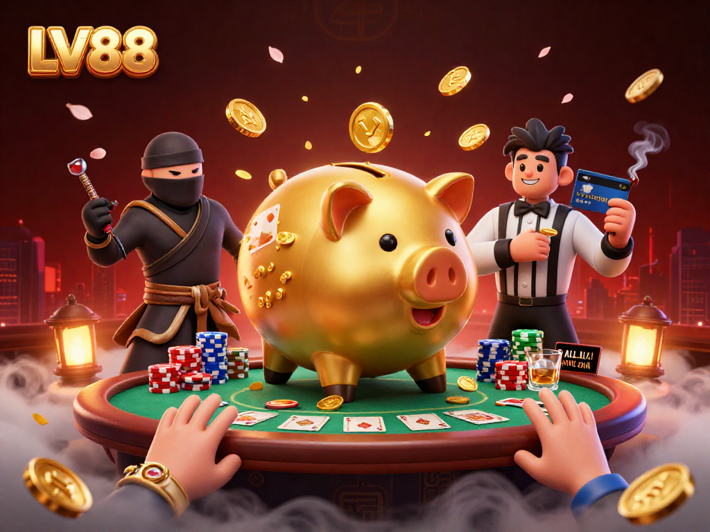 Experience LV88's excitement with lively characters and dynamic poker scenes in a vibrant illustration.