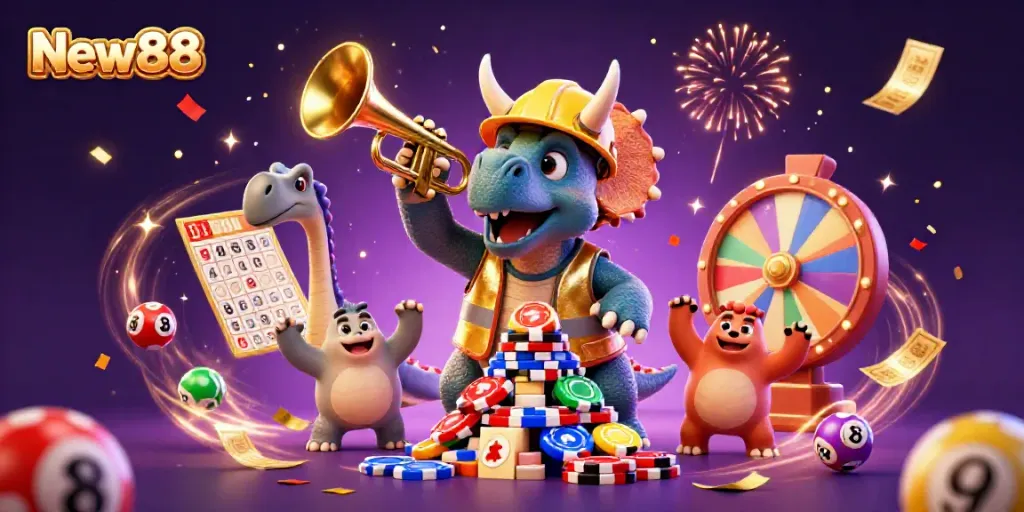 New88 brings excitement with a celebration of gaming elements and colorful lottery balls.