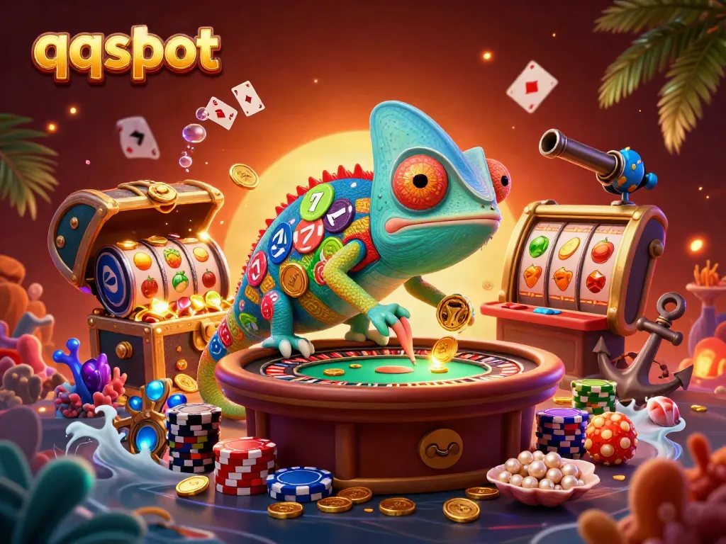 Engage in thrilling gaming action at qqslot with a delightful chameleon casino owner collecting golden coins.