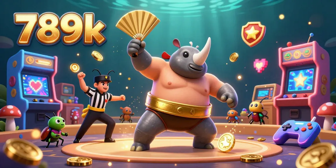 Experience the thrilling action of 789k with a cartoon beetle champion stomping gold coins amid vibrant casino gaming elements.