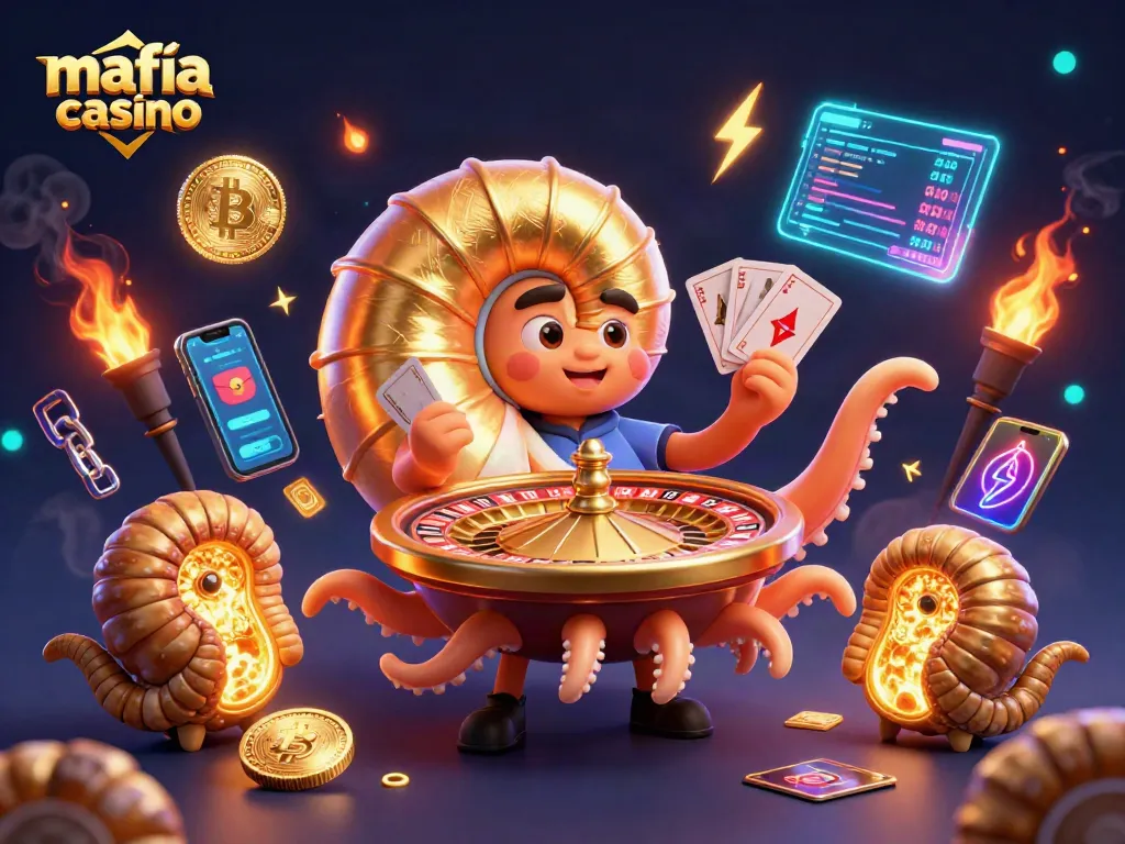 Experience the thrilling world of mafia casino with an animated nautilus roulette wheel and radiant crypto elements.
