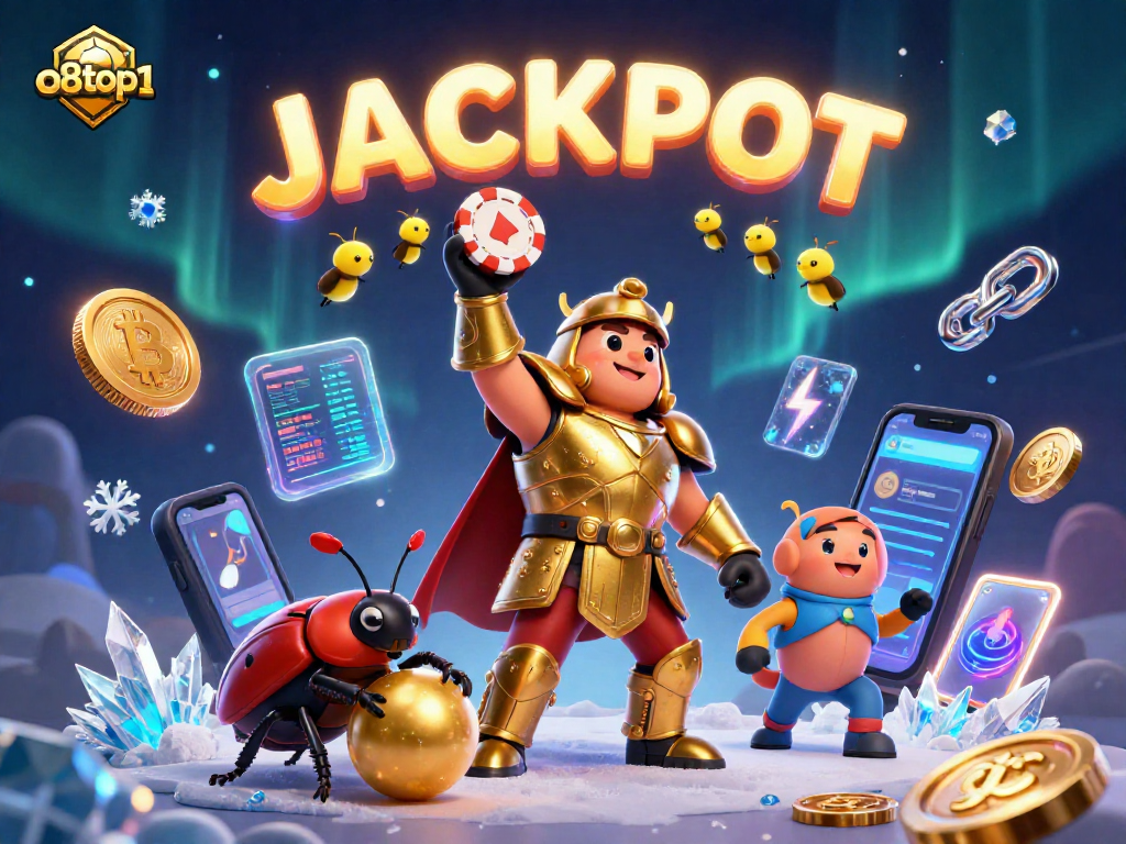 Engage in the o8top1 casino adventure with our hero, the gladiator beetle, lifting a poker chip triumphantly.