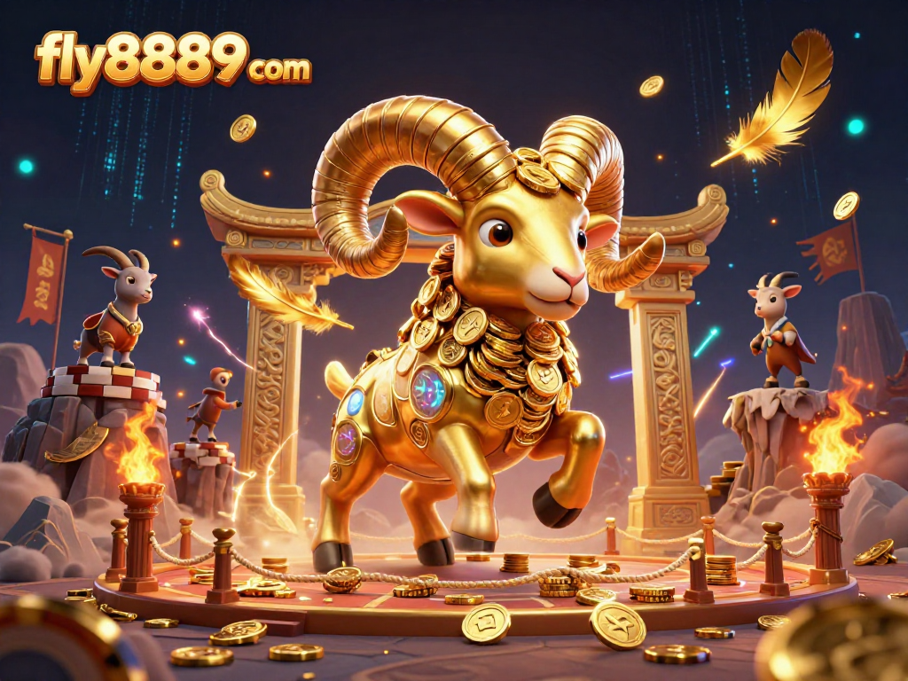 Experience excitement at fly8889 com with a charging golden ram amidst dynamic gambling elements and casino atmosphere.