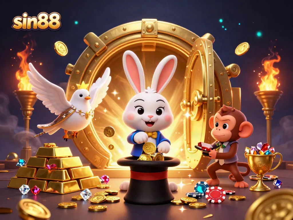 Engage with sin88's thrilling gaming, showcasing a magician rabbit, a glamorous dove, and a monkey amidst golden treasures.