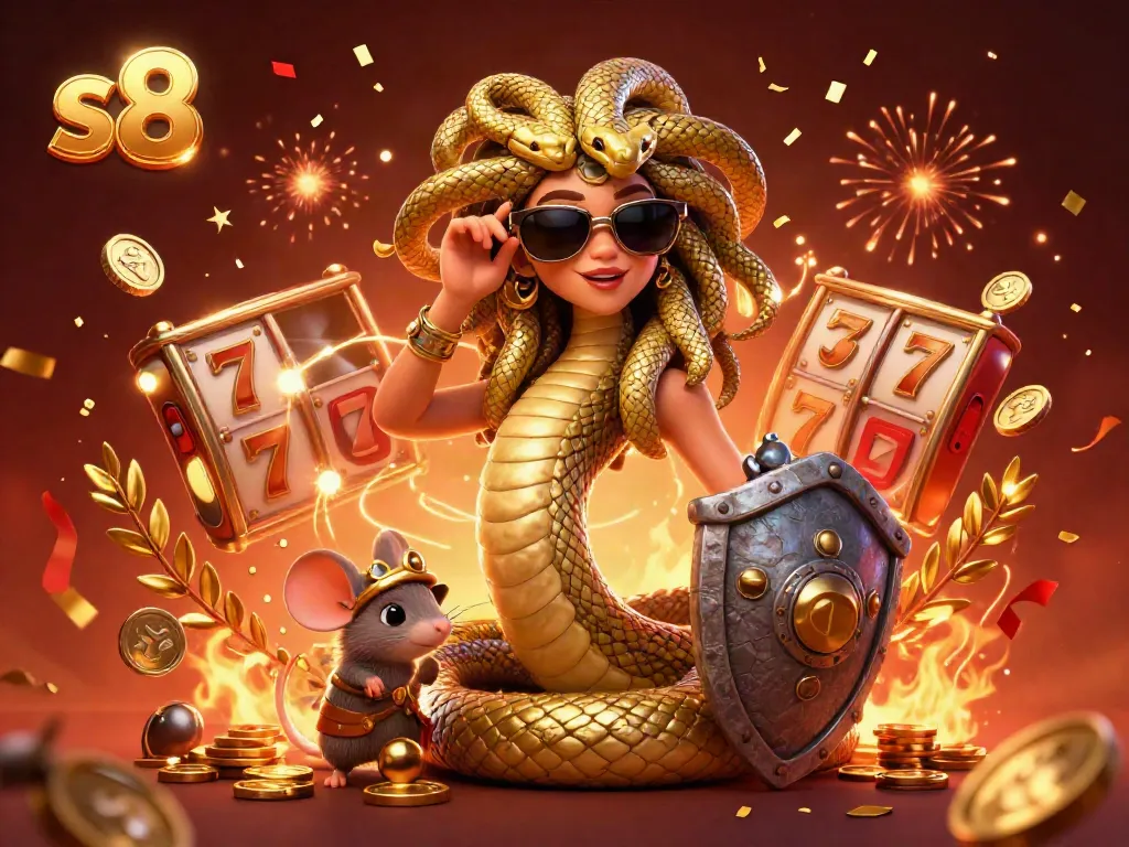 Experience the excitement of s8 slots with a 3D Medusa character, vibrant confetti, and captivating jackpot elements.