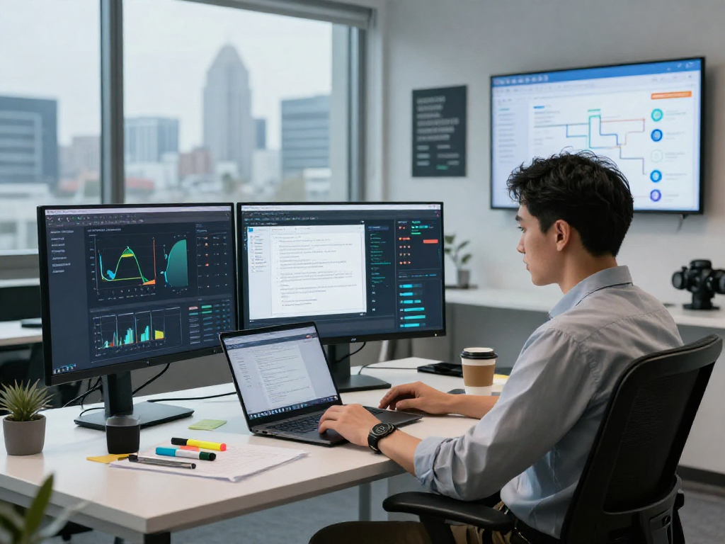 Cybersecurity analyst utilizing document fraud detection tools in a modern workspace with monitors and analytics.