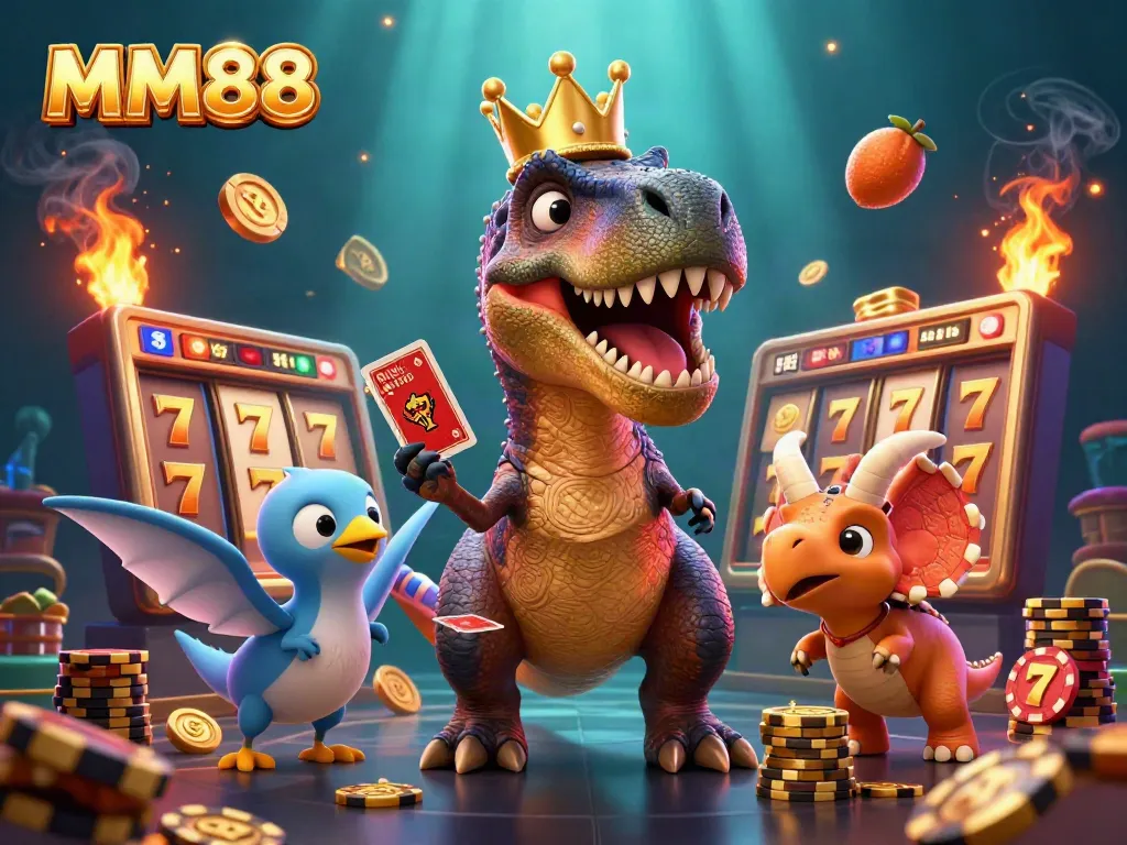 Engage with MM88's interactive slot games featuring a playful T-Rex and vibrant game elements.