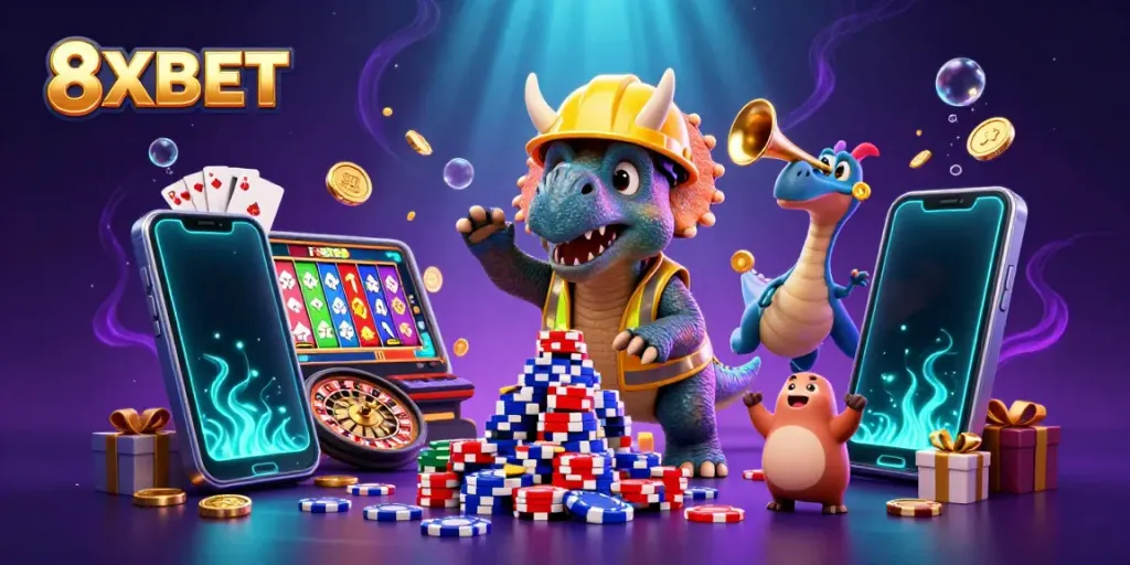 Experience excitement with 8XBET as the triceratops builds poker chip pyramids amidst games and coins.