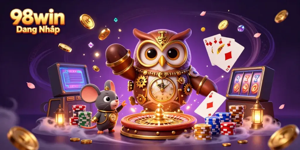 Experience the thrill with 98win Đăng Nhập amidst cascading coins and dynamic casino elements.