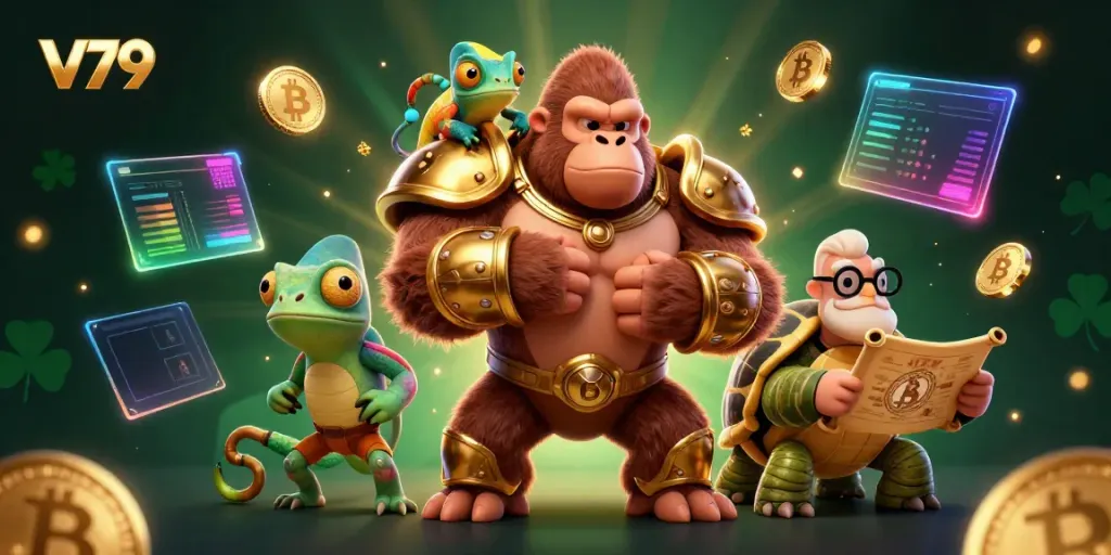 Experience the thrill of V79 with creative characters in a vibrant casino scene filled with rich details.