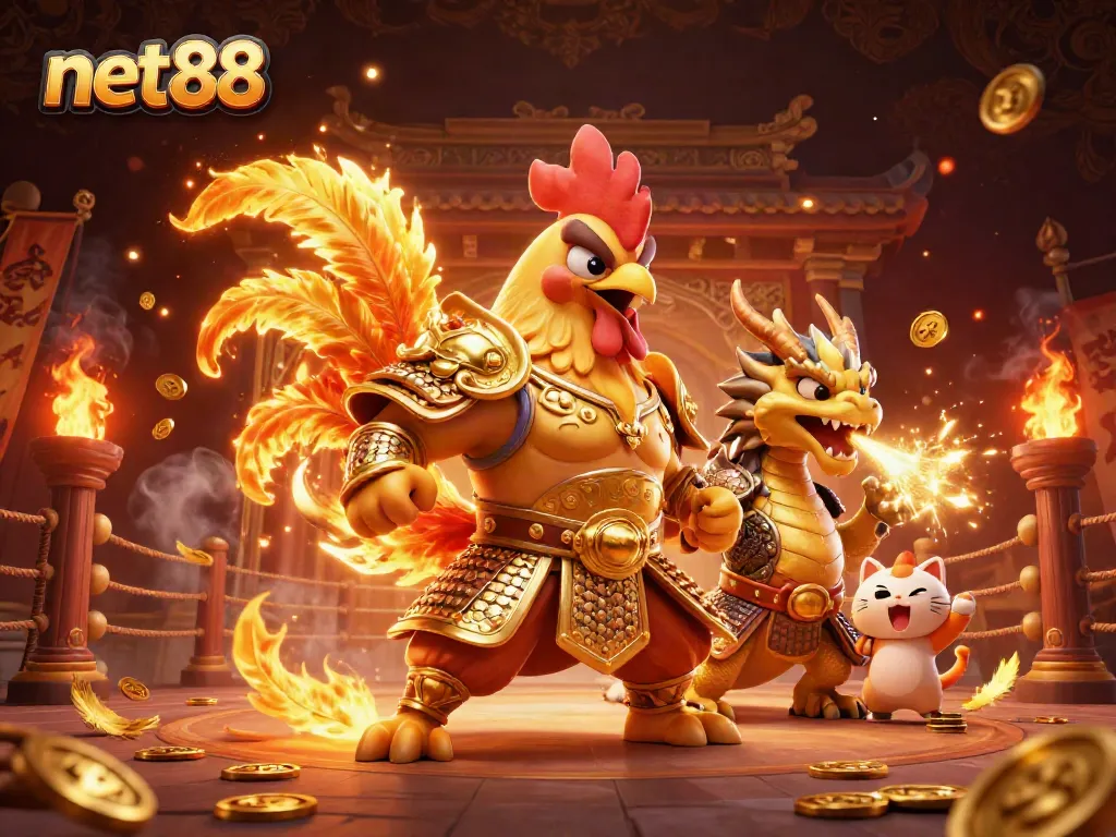 Engage with net88 by joining the thrilling battle of a rooster warrior and dragon hatchling in this vibrant scene.