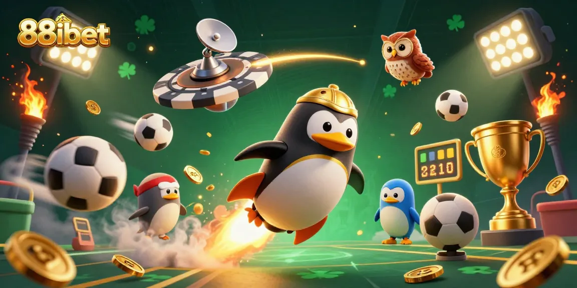 Experience the thrill of 88ibet with this dynamic 3D digital illustration showcasing a golden penguin in a casino-themed adventure.