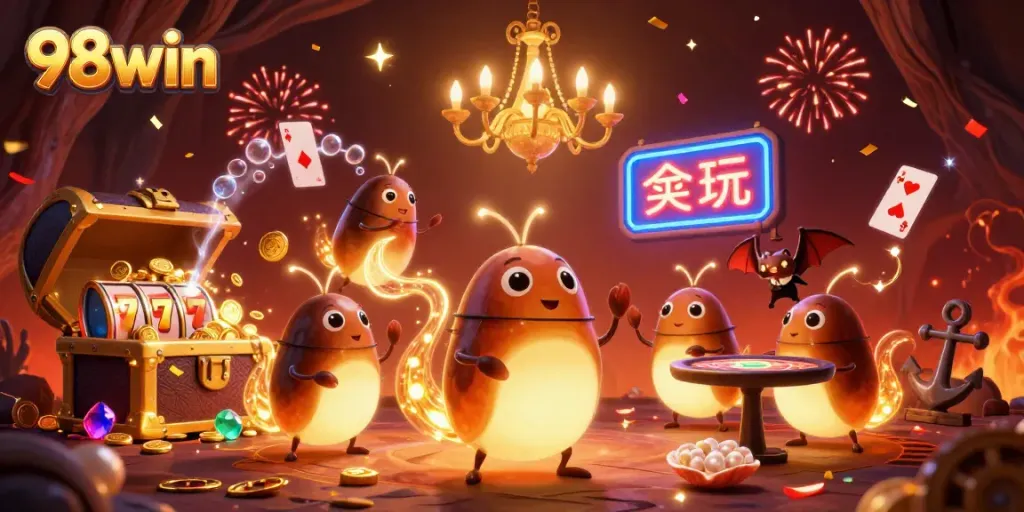 Win thrilling jackpots with 98win in this vibrant animated casino scene featuring lively characters.