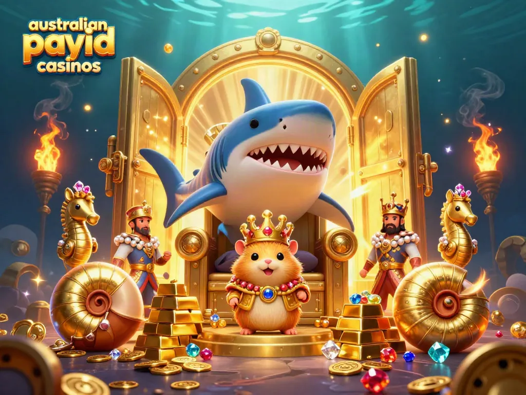 Explore leading australian payid casinos through a vibrant underwater kingdom scene featuring the golden hamster king on a shark tooth throne.