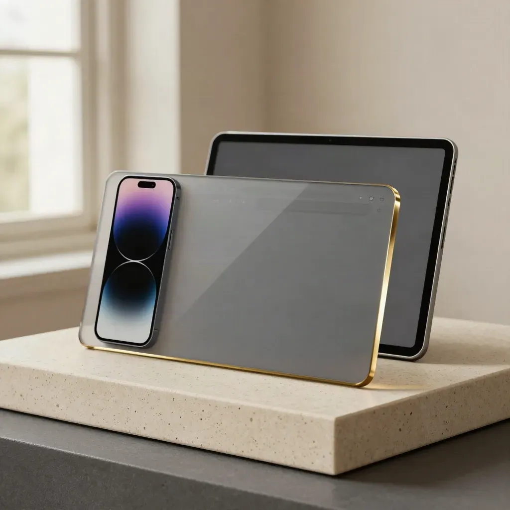 Mockup web su supporto opaco con telefono e tablet sfocati dietro, luce naturale.