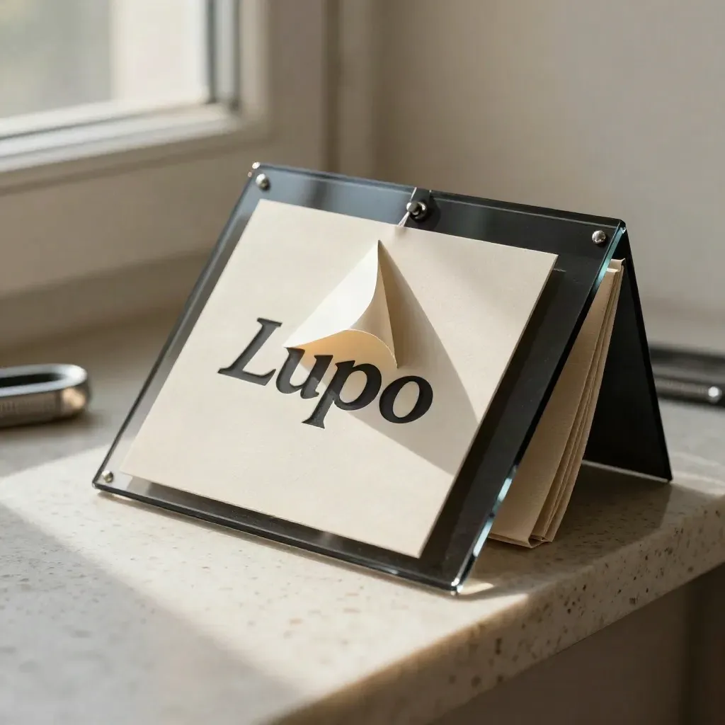 Mockup di logo ritagliato con acrilico nero e etichetta su base in travertino.
