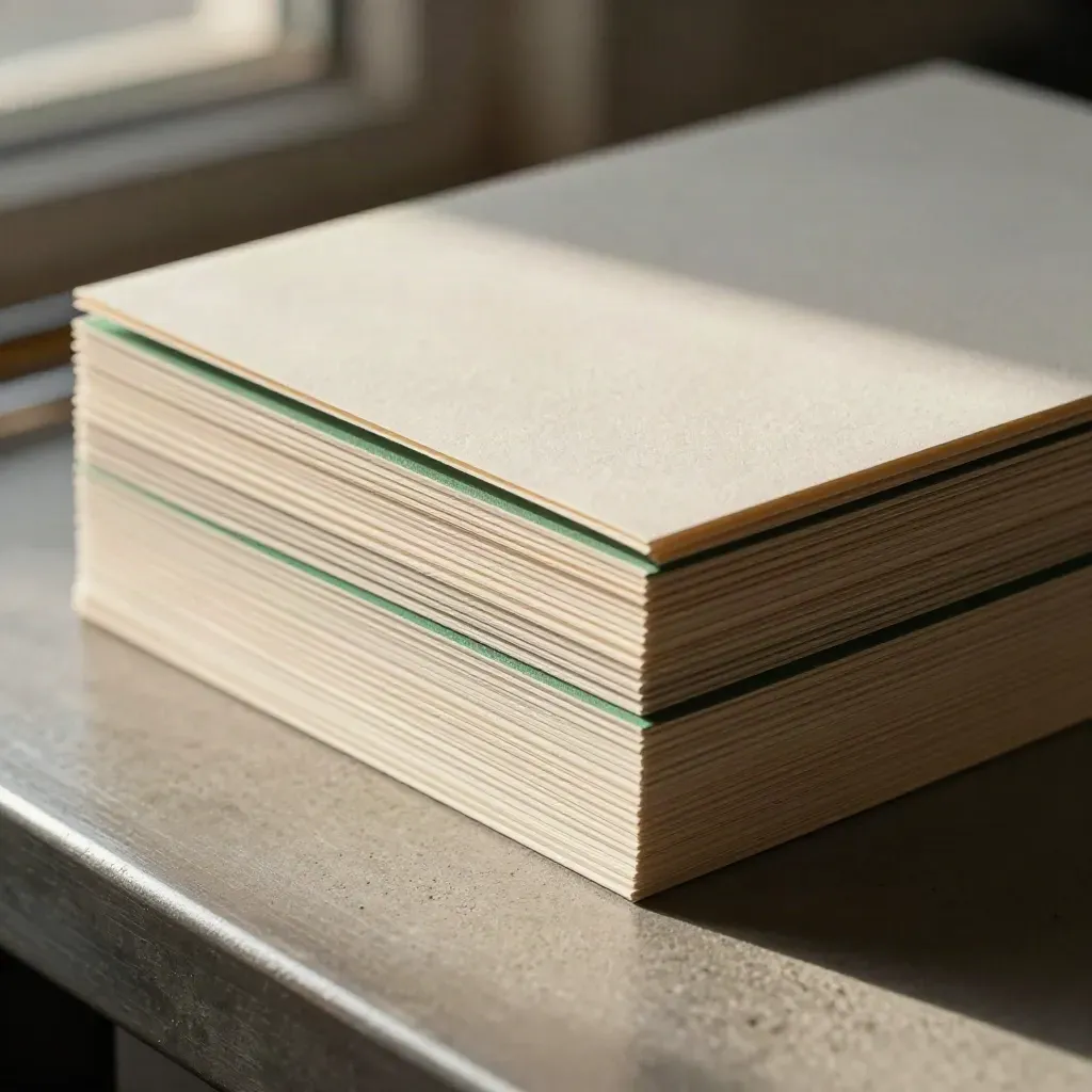 Stack di biglietti, brochure e carta da stampa in luce drammatica, taglio macro.
