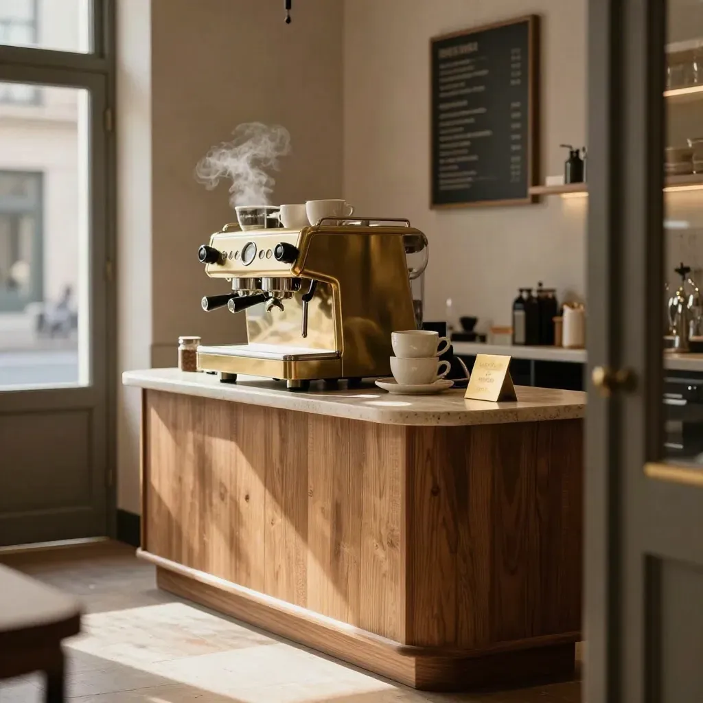 Angolo di caffè pronto all’apertura con macchina espresso, tazze in ceramica e insegna in ottone.