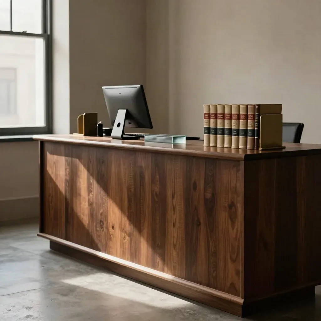 Receptione legale elegante con consolle in noce, monitor e libri rilegati.