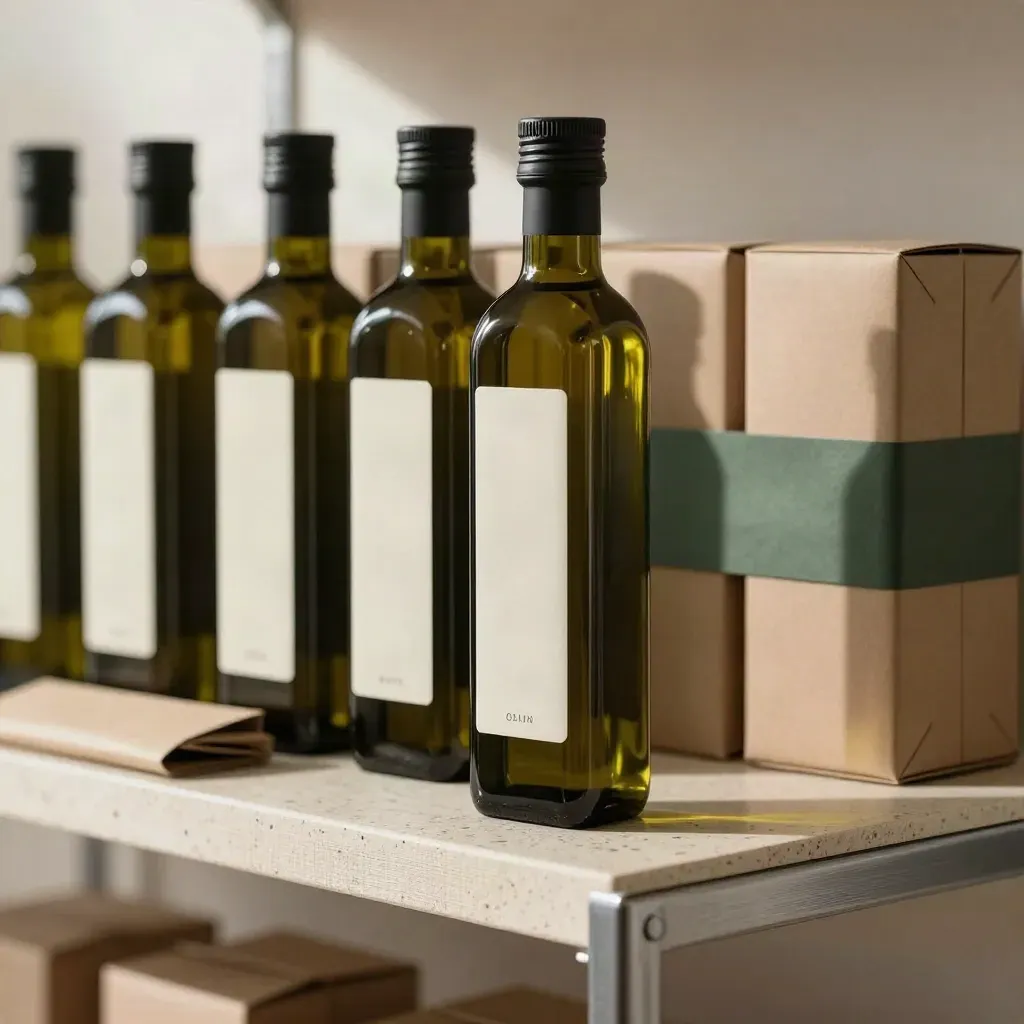 Bottiglie di olio bio e cartoni in carta riciclata su mensola in travertino, luce calda