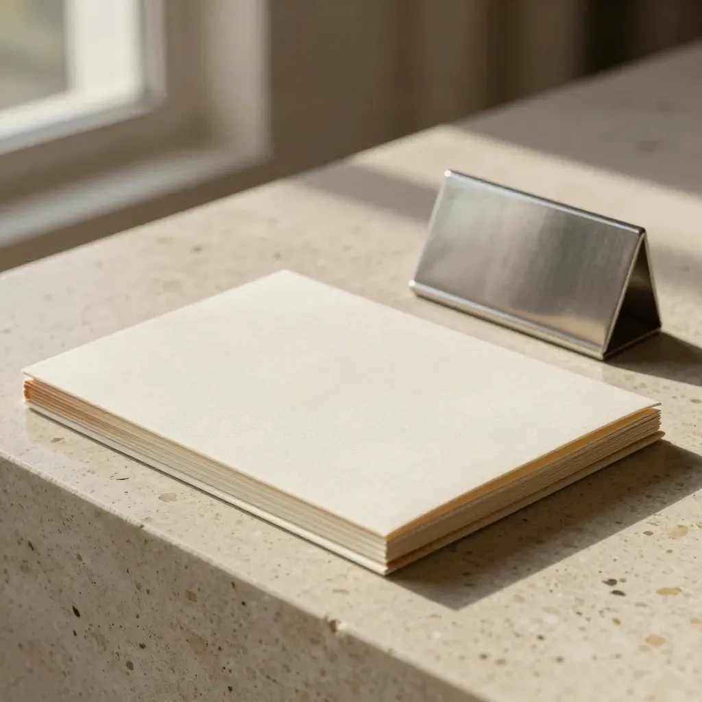 Tavole identità su travertino con cartellino metallico e cartella piegata, luce calda naturale.