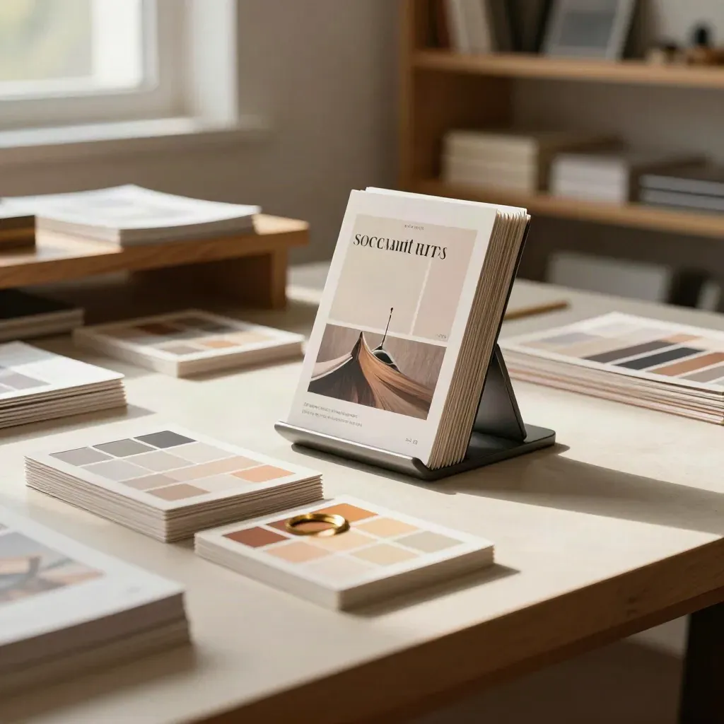 Kit social per creator con carte, supporto smartphone e palette circolare in studio luminoso.