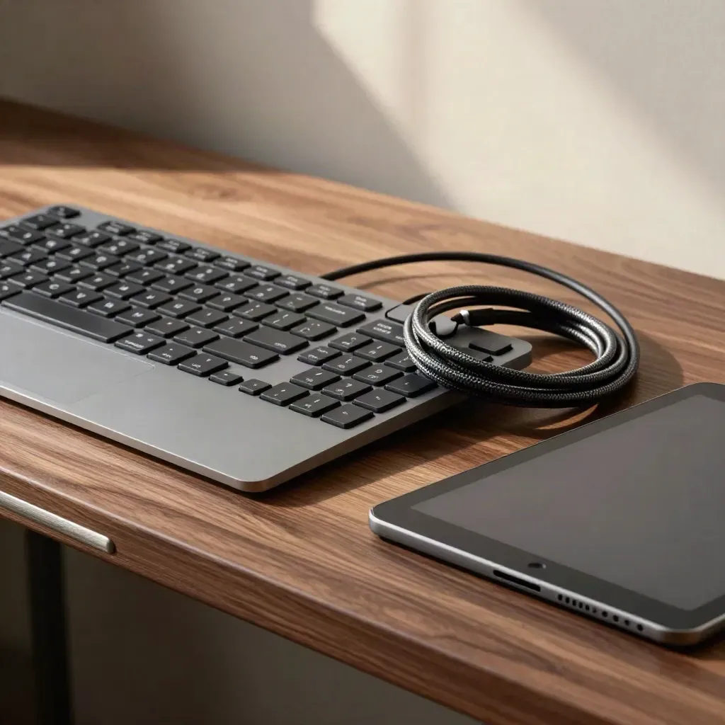Still life di tastiera, trackpad, cavo e tablet su legno caldo