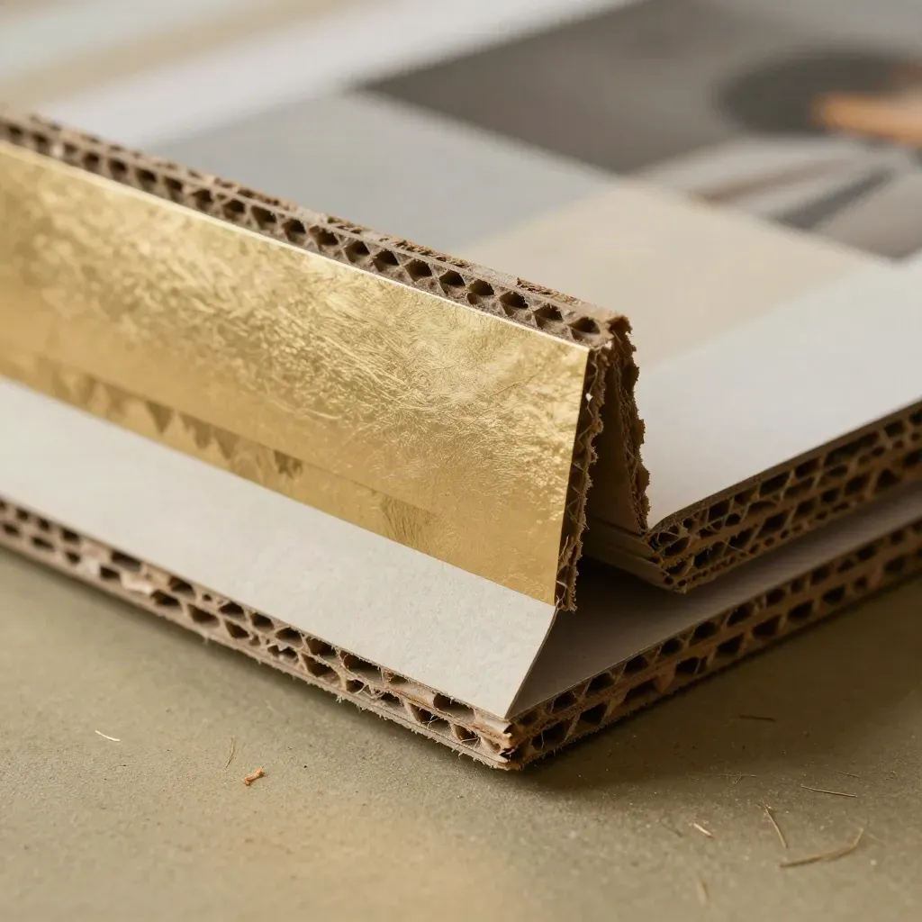 Dettaglio macro di cartone ondulato, foil oro e ritagli di cartoncino su banco da confezioni.