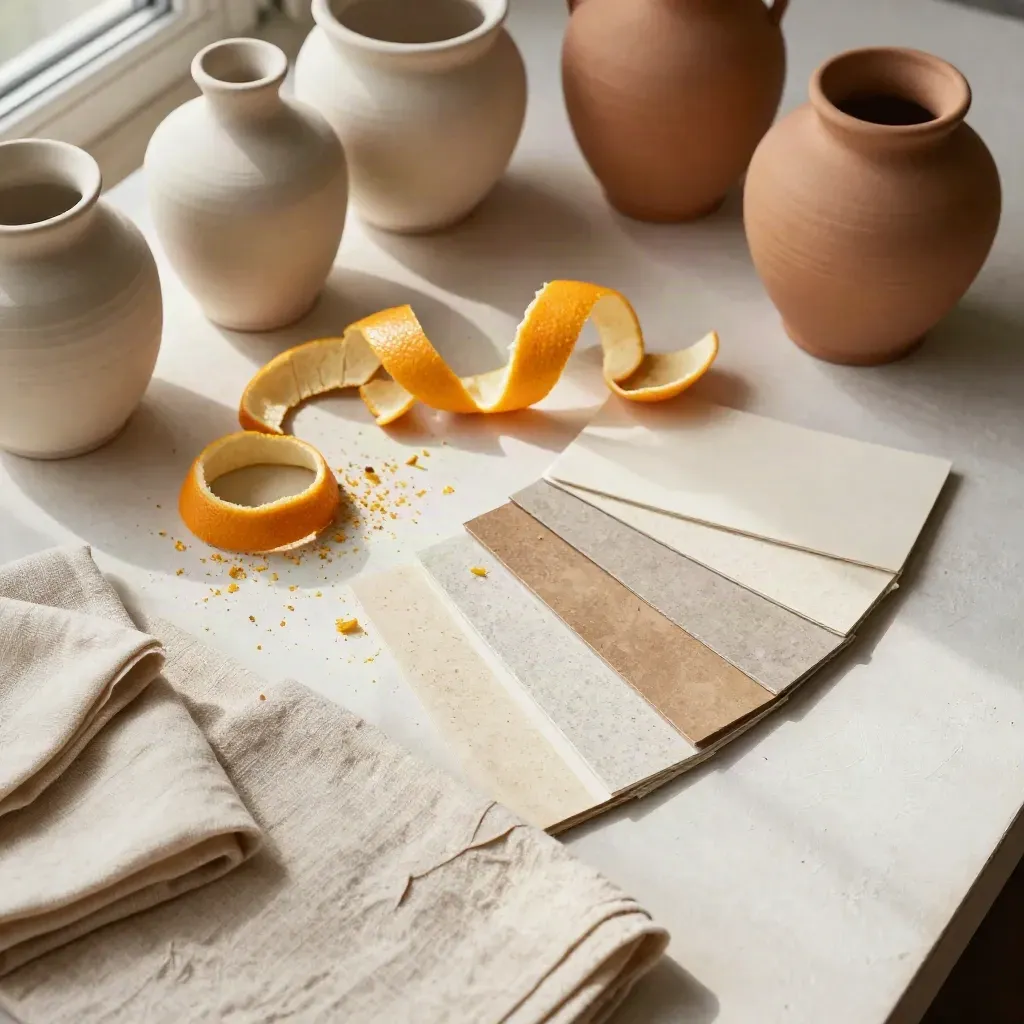 Still life dall’alto con ceramiche, lino, scorze di agrumi e campioni carta su fondo crema.