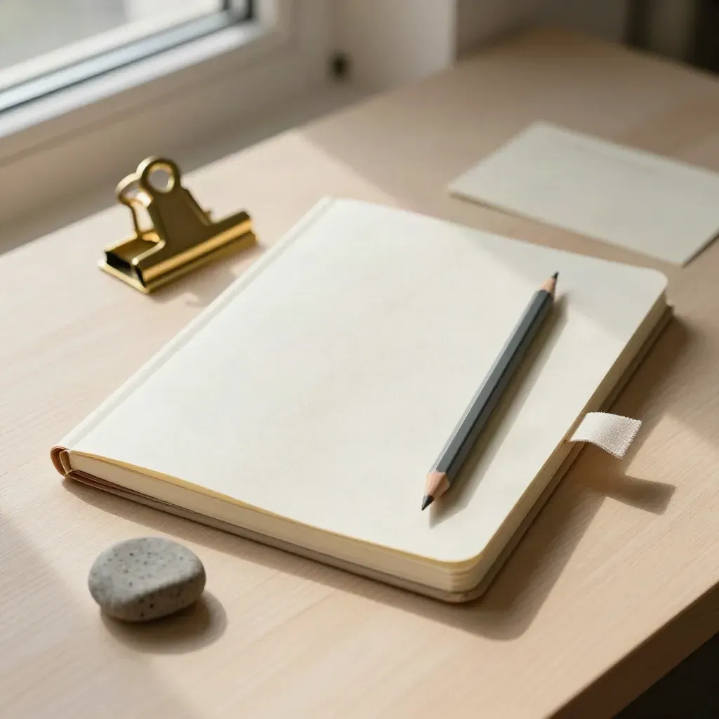 Quaderno crema, matita, clip in ottone e campione di pietra su legno chiaro.