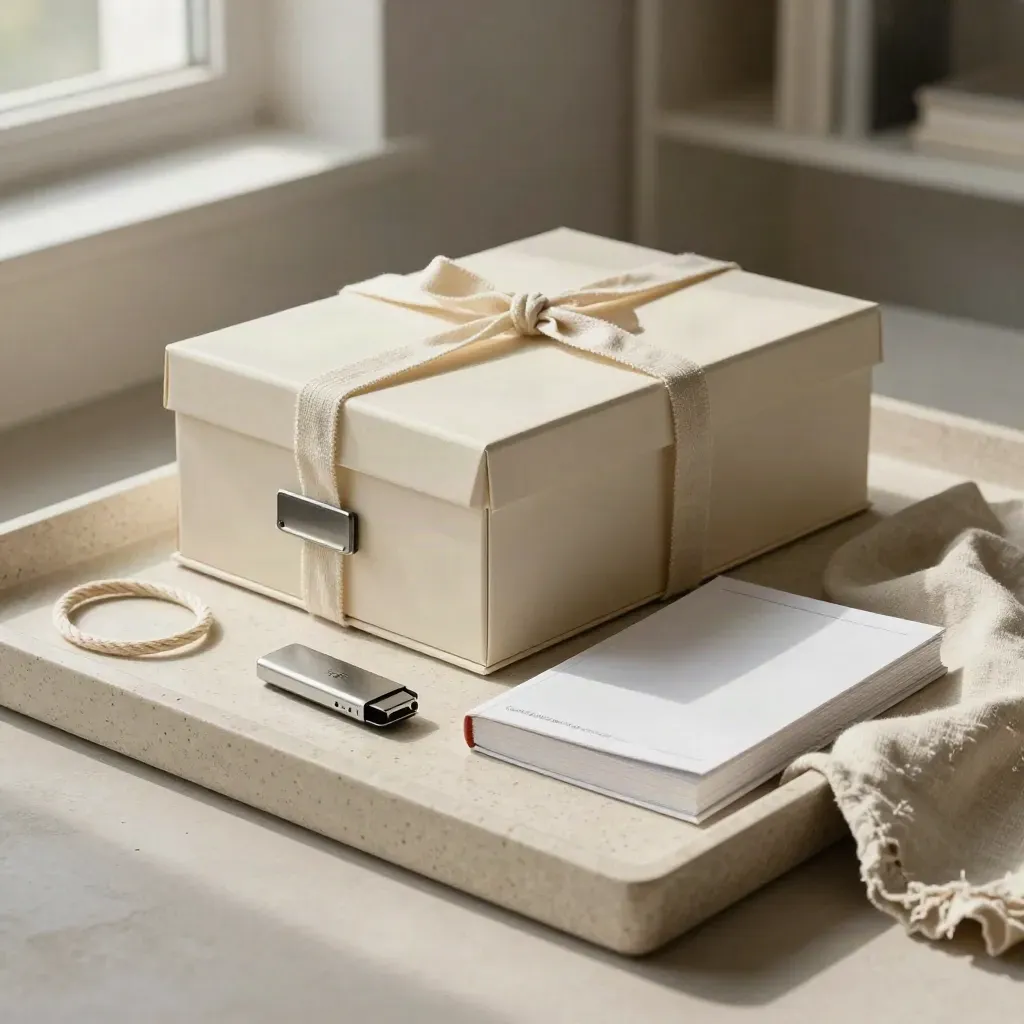 Scatola archivio, chiavetta USB e brand book su vassoio in pietra, luce morbida laterale.
