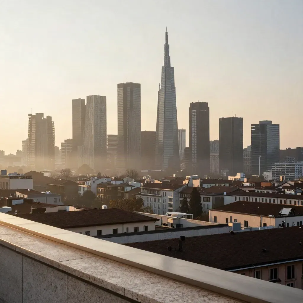 Skyline di Milano all’alba con Porta Nuova nella foschia e tetti chiari in basso.