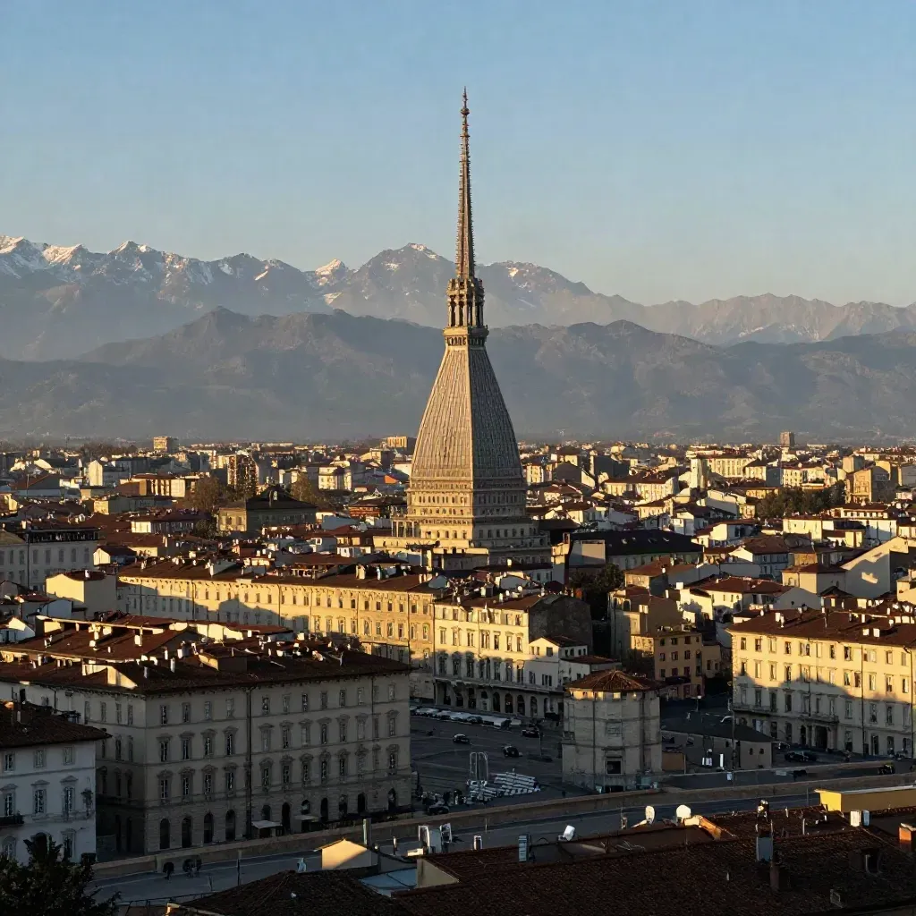 Torino al tramonto con la Mole Antonelliana e le Alpi sullo sfondo