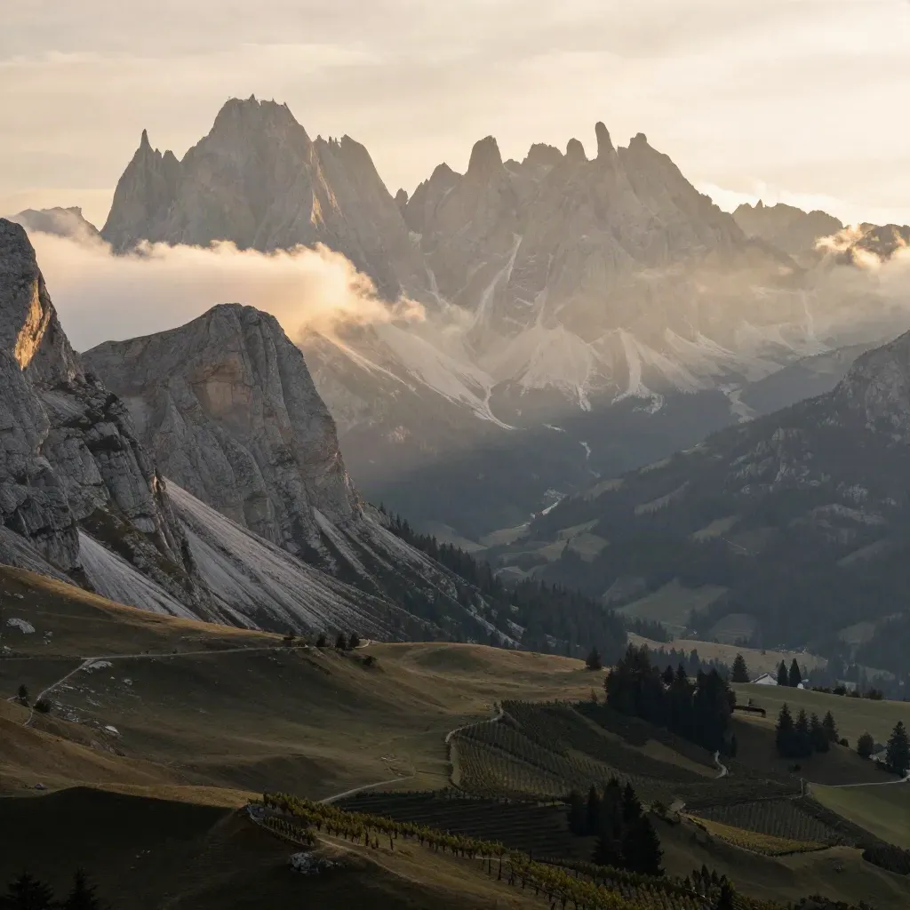 Dolomiti sopra le valli venete al tramonto, con nuvole basse e luce calda.