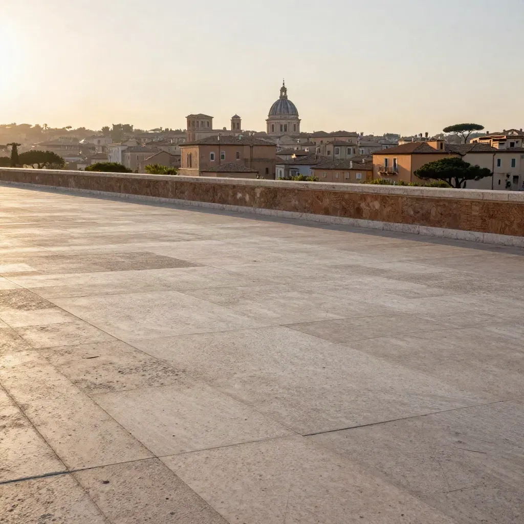 Terrazza in travertino romano con cupole e tetti lontani, luce calda e foschia estiva.